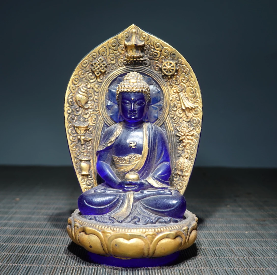 Ancient China Colored Glaze Blue Liuli Crystal Buddha Statue Feng Shui Home Decor Prayer Supplies Pray Kai Guang Ornaments