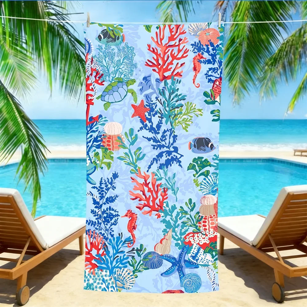 Coral Reef Marine Life Beach Towel – Oversized Quick Dry Sand Free with Vibrant Seahorse & Turtle Print for Summer