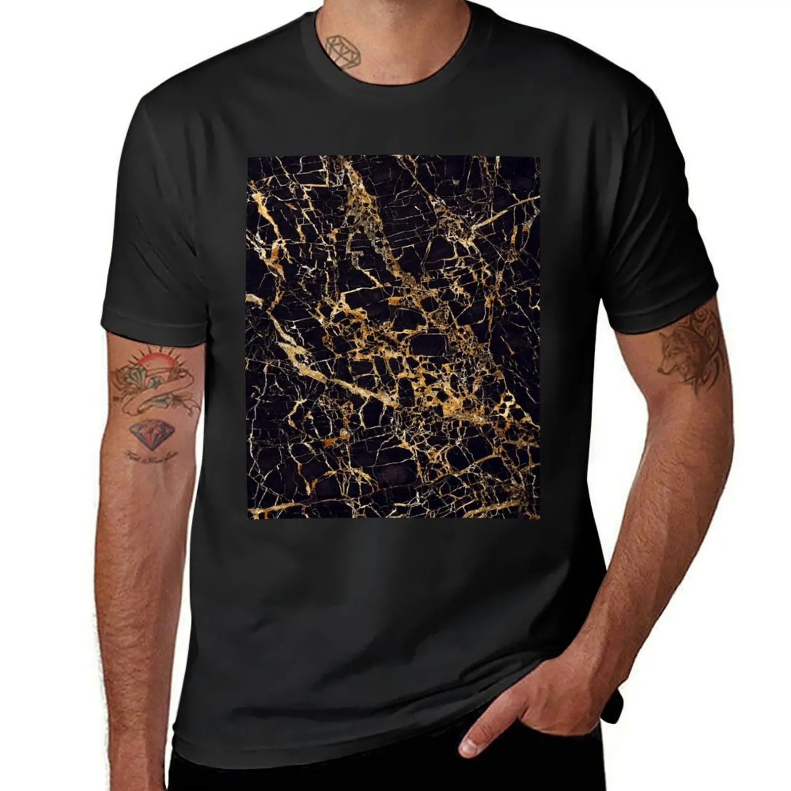 Black and Gold Marble - Gold Veined T-Shirt shirts graphic tees oversizeds Blouse heavyweight t shirts for men