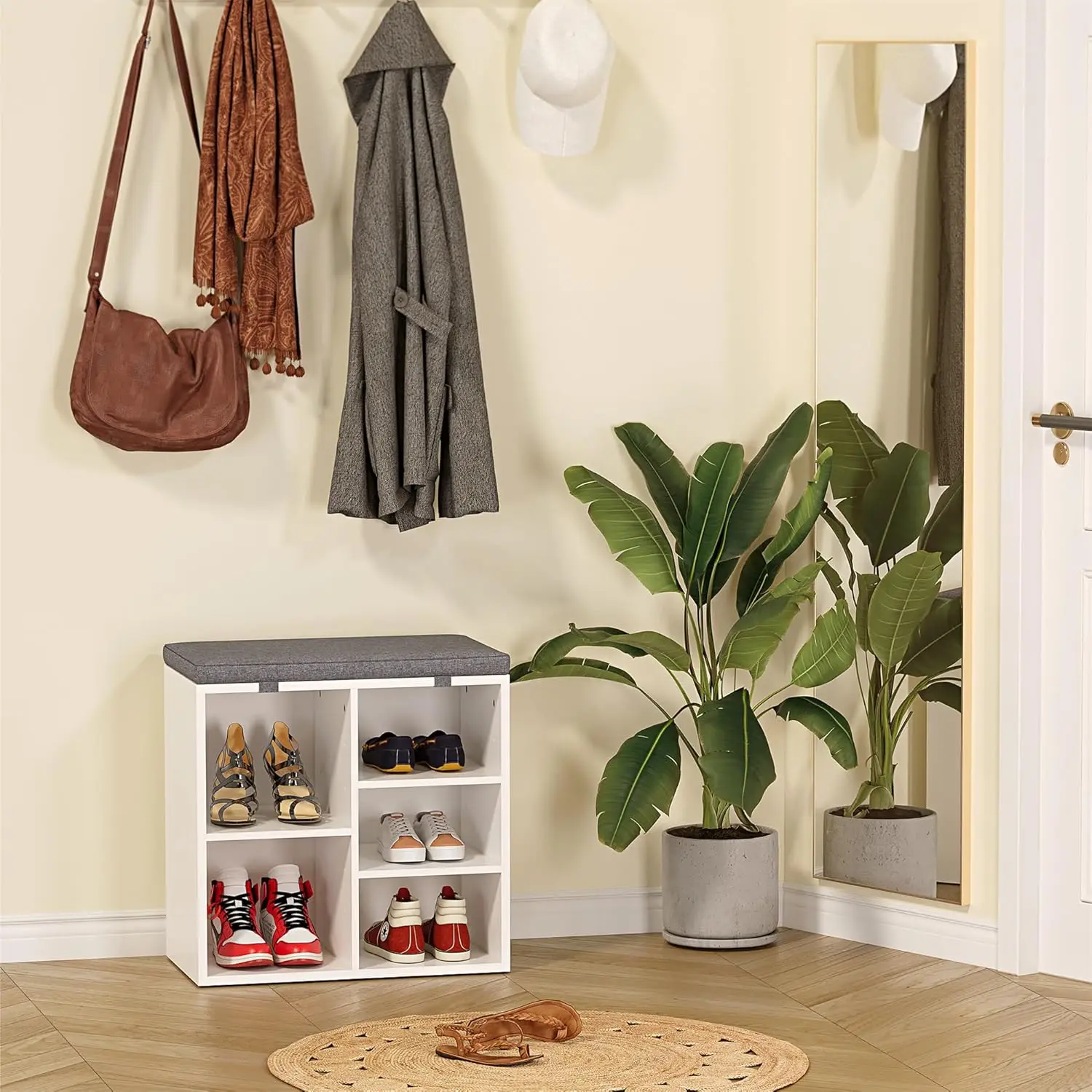 

Shoe Storage Bench Engineered Wood Cushion Cubby Shoe Rack Adjustable Shelves All Seasons White