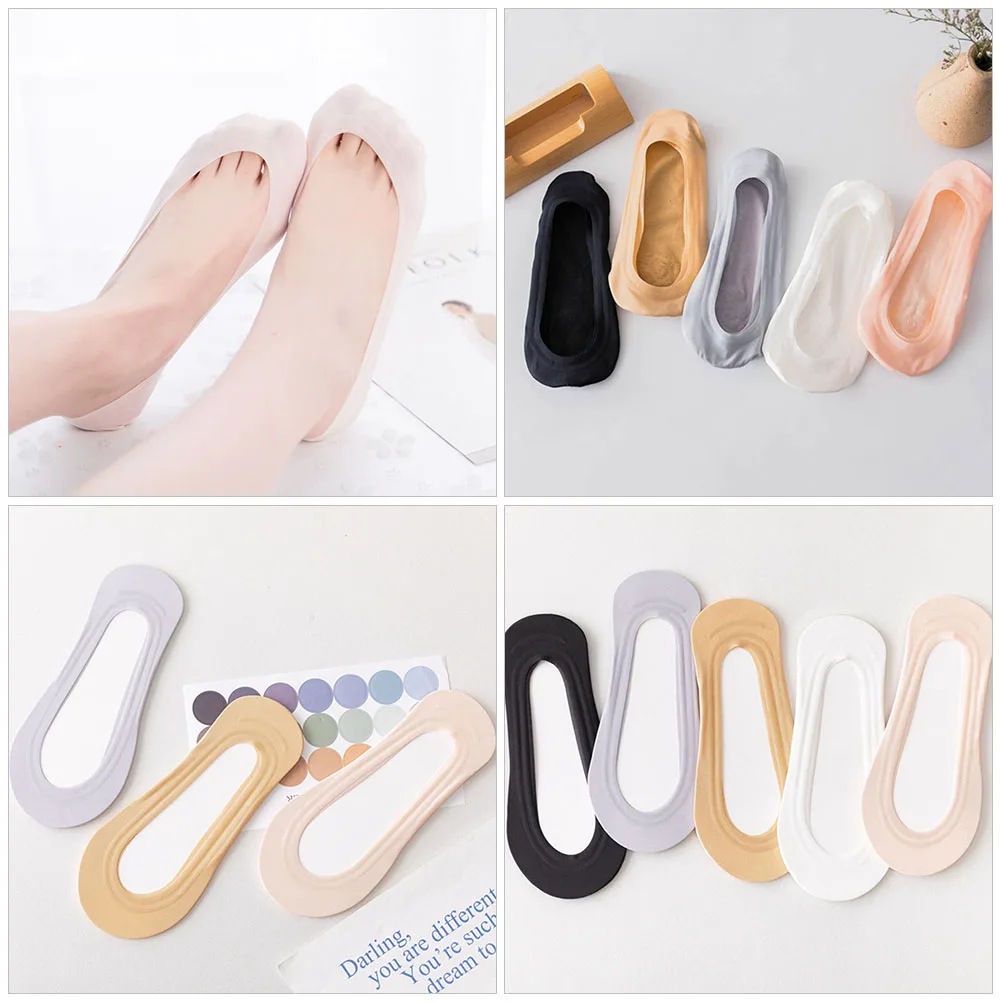 

5 Pairs Non-slip Invisible Socks Women Black White Pink Beige Gray Low Cut Breathable Socks Flats Sneakers
