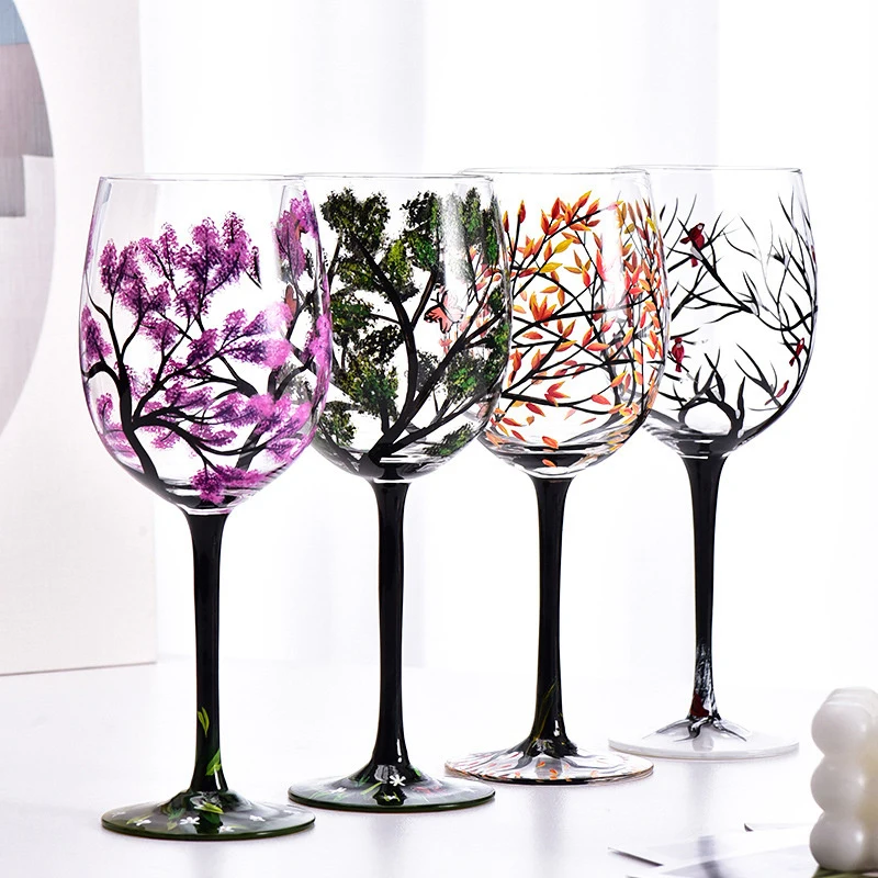 

Four Seasons Trees Wine Glasses Goblet Creative Printed Round Glass Cup For Wine Beer Cocktail Large Capacity Glass Cup Gift