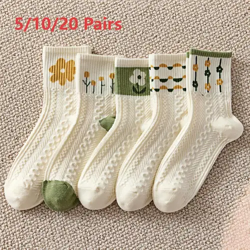 Imagen 1 del producto 5/10/20 pares de calcetines largos medio verdes y frescos para mujer, nuevos calcetines cortos con flores de plantas, calcetines absorbentes del sudor y a prueba de olores