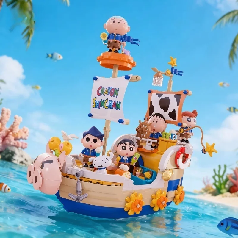

New Crayon Shinchan Kasukabe Voyage Ship Building Blocks Set Light Up Decorative Collectible Toy Gift For Kids Aged 10 And Above