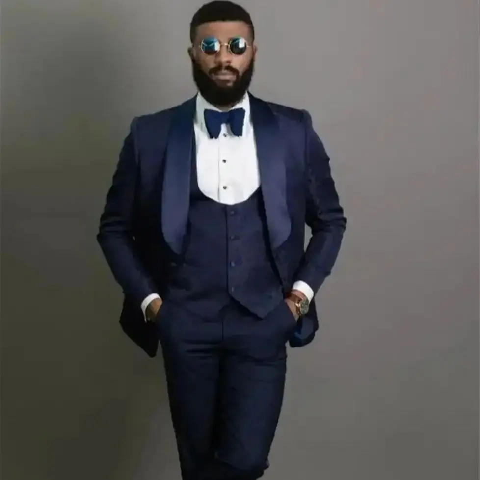 

New Navy Blue Jacquard Suits for Men Groom Tuxedo Shawl Lapel Wedding 3 Piece Male Suit Business Prom Blazer (Jacket+Pants+Vest)