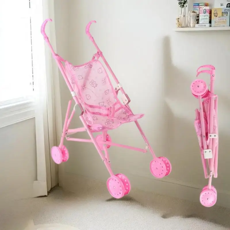 

Interactive Doll Pram Sturdy Baby Stroller Toy with T-Shaped Strap Pretend Play Dolls Accessories