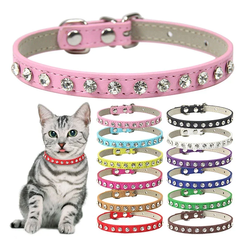 Luxury Rhinestone Rivets Cat Collar Leather Small Dog Collars  Puppy Neck Strap for Kitten Accessories Wholesale / Dropshipping