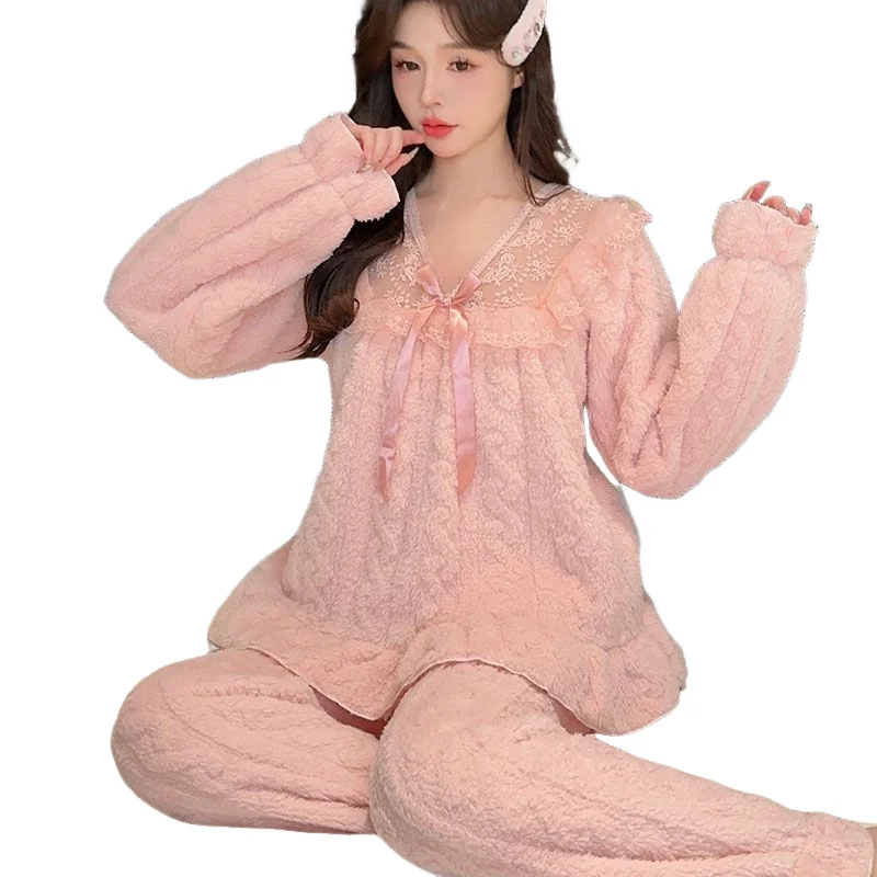 طقم بيجامة ملابس نسائية ملابس منزلية بأكمام طويلة طقم مكون من قطعتين للخريف والشتاء موضة سميكة ومريحة حلوة #3