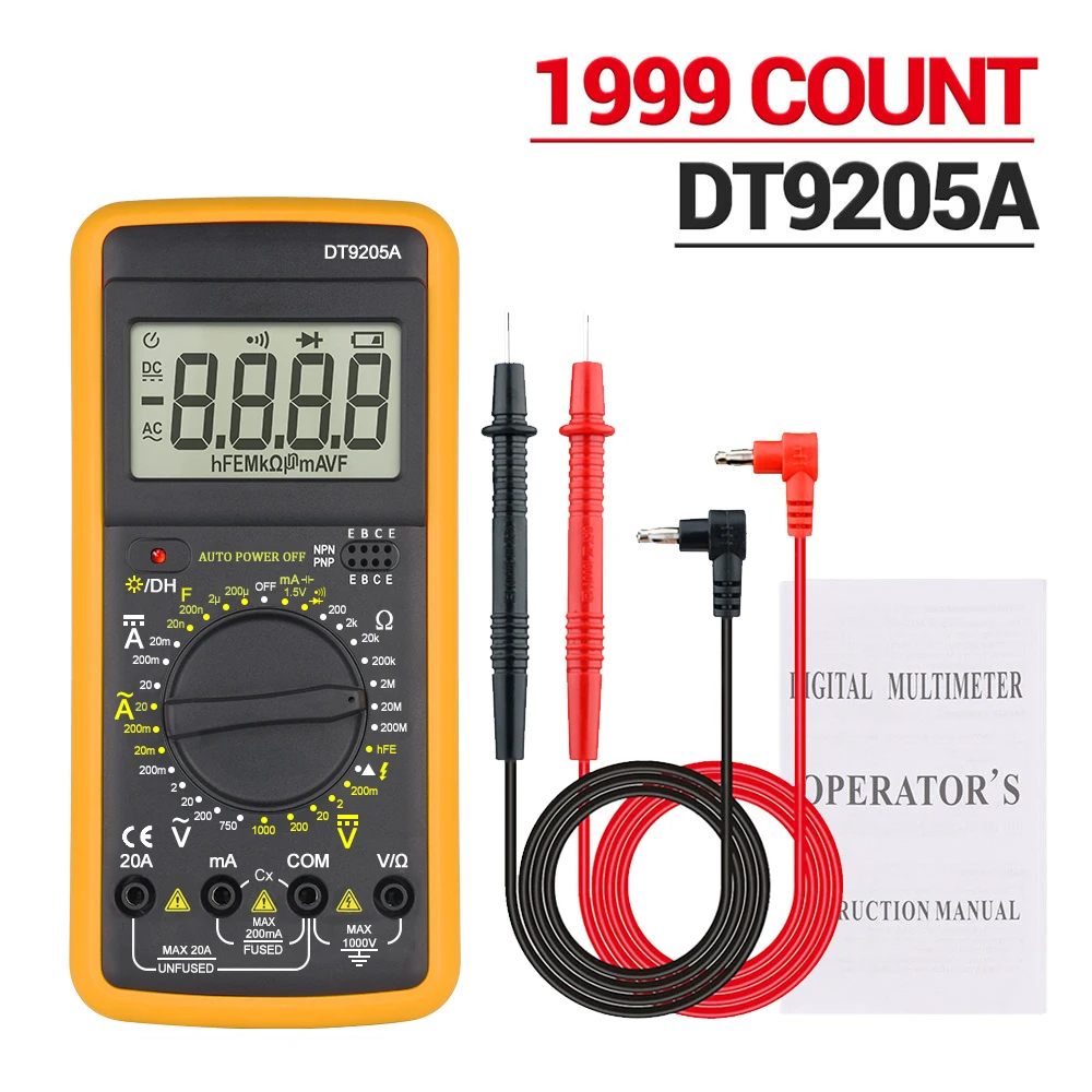 DT-9205A Digital Multimeter Ammeter Voltmeter Digital Voltage Tester Resistance Auto Range Multimetro Meter Test Probes