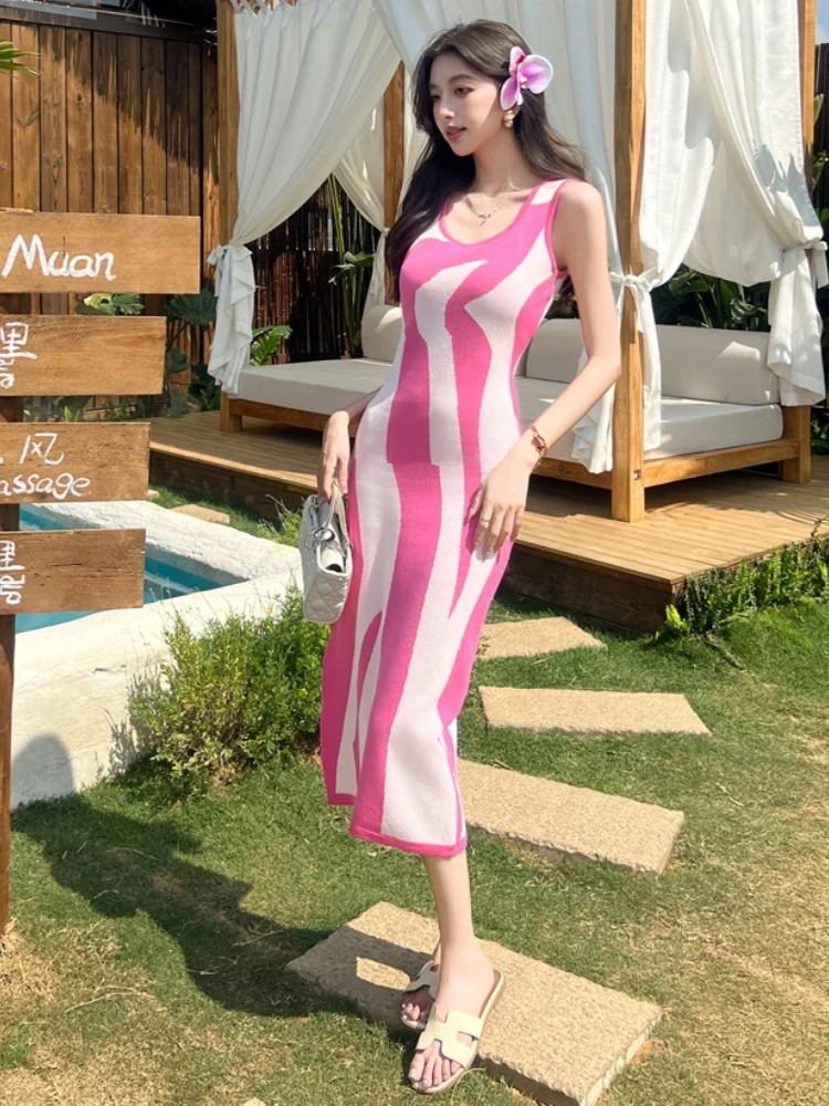 SMTHMA Vestidos 韓国シックなヴィンテージハイウエストの女性のドレスボディコンセクシーなストレッチニット 2025 サマードレス