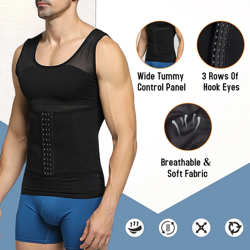 Mens Body Shaper Compression Vest Abdomen Shapewear Slimming Sheath Tummy Control Corset Waist Trainer Tank Tops with Buckle