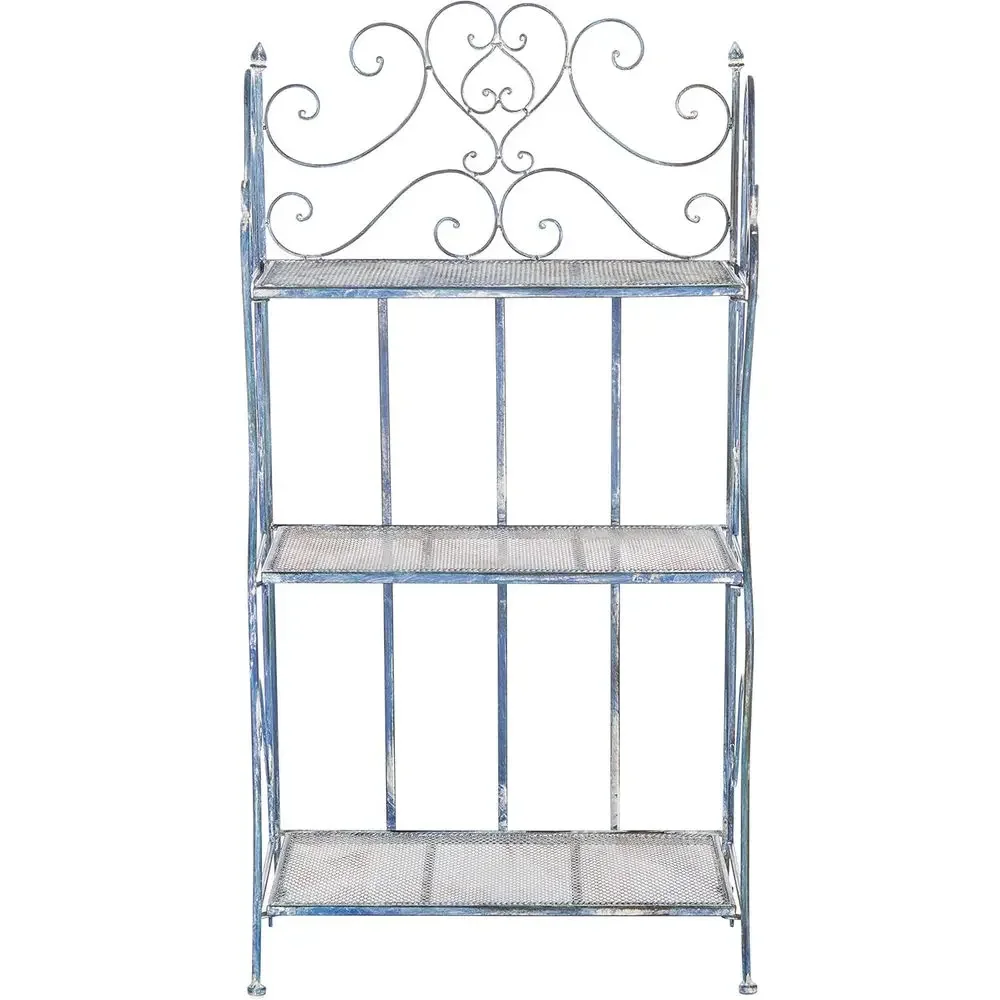 3-Tier Mossy Blue Metal Shelving Unit - Vintage Scrollwork Design for Outdoor Spaces