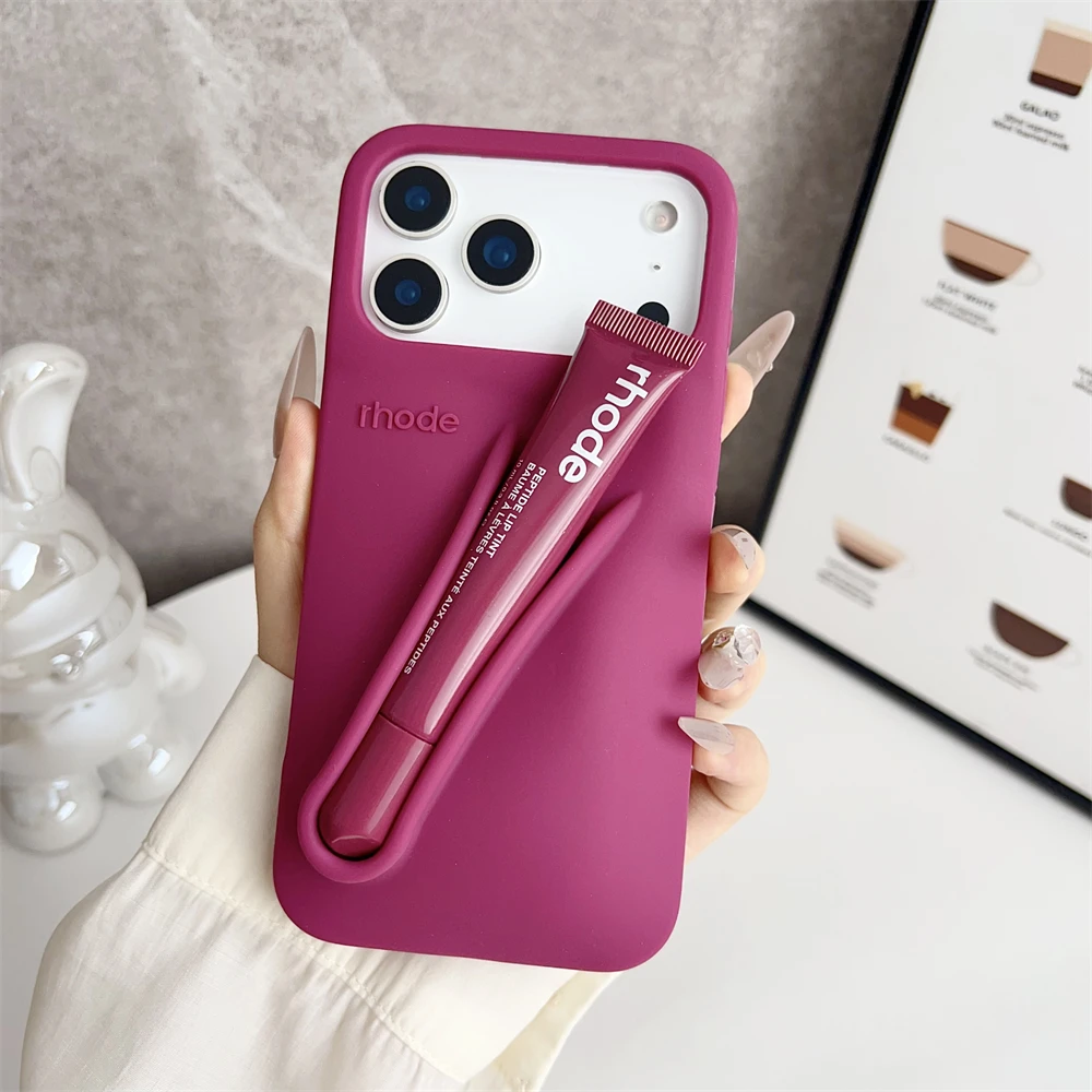 Rhode Soft Silicone Phone Case For iPhone 17 16 15 14 13 12 Pro Max Plus  Lipstick Portable Lip Gloss Holder Cover With Lipstick - AliExpress  202192403