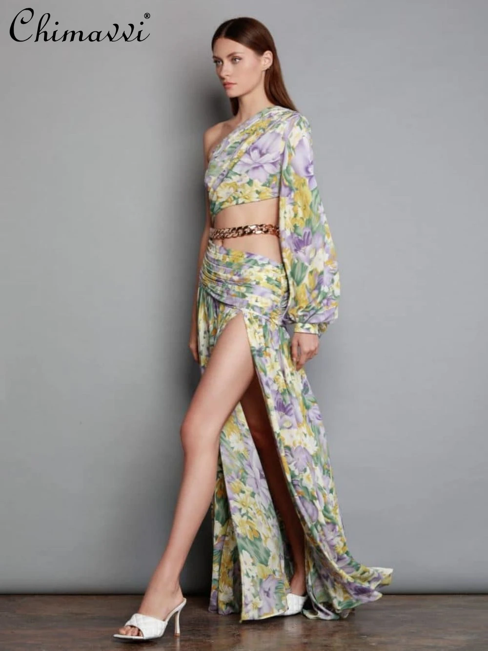 

2022 Summer New Inclined Shoulder Long Sleeve Sexy Navel Floral Dress Women Fashion Irregular Slit Big Swing Dress Female