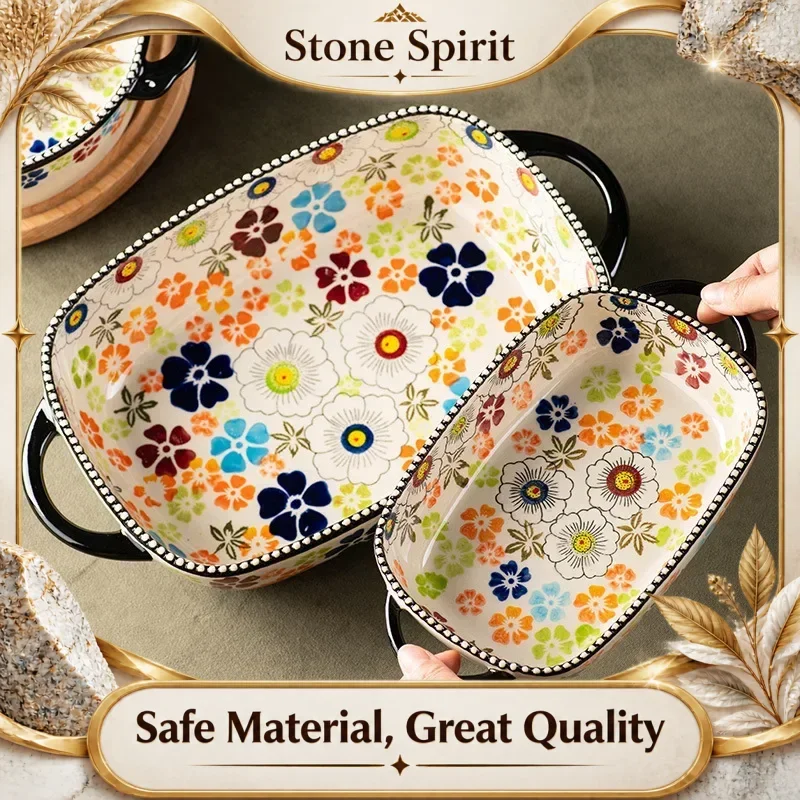 Hand-painted Relief Floral Ceramic Double Ear Baking Tray, Circular, Handle Bowl, Tableware, Fruit Salad Bowl, Kitchenware