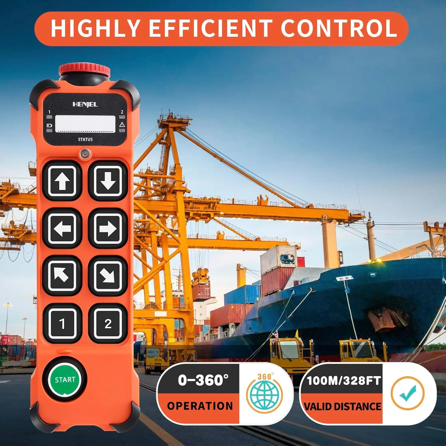 รีโมทคอนโทรลไร้สาย HENJEL H108 สำหรับเครนยกของ 8 ปุ่ม ควบคุมแบบขั้นตอนเดียว ใช้ไฟ DC 24V 48V 110V 220V AC กันน้ำ สำหรับงานอุตสาหกรรม