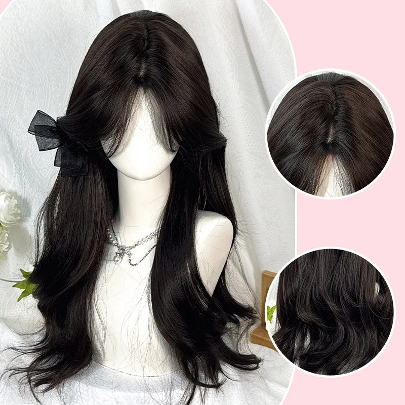 

Wig female long hair full head cover ins cute natural simulation empty eight-character bangs long curly hair whole wig cover