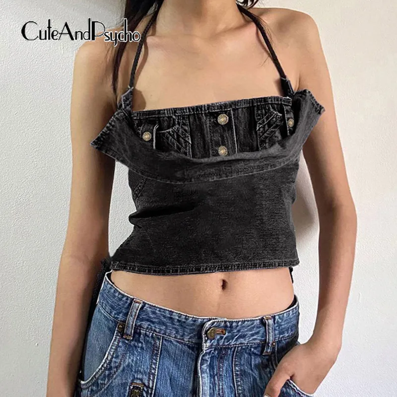 

Cuteandpsycho Vintage Y2K Sexy Denim Camis Button Up Backless Halter Neck Cropped Tops Harajuku Fashion 90s Aesthetic Chic Cloth