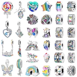 Original 925 Sterling Silver Rainbow Animal Safety Clip Jewelry Clip Beaded Charm for Pan DIY Bracelet Ladies Jewelry Gift