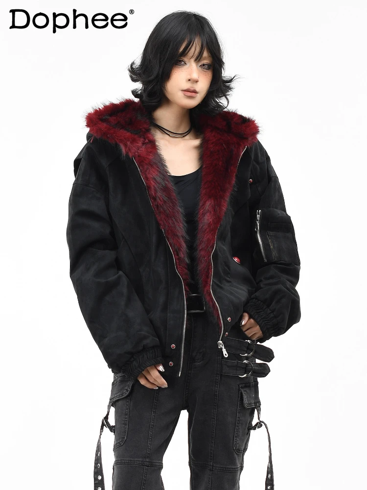 

Men Women 2025 Winter Fashion Loose PU Leather Jackets Thickened Parkas American Style Retro Faux Fur Collar Hooded Parkas Coats