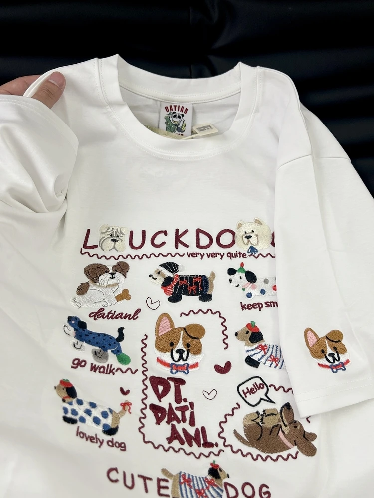 

Ретро-футболка в американском стиле с вышивкой таксы, свободного кроя, с круглым вырезом, летняя, универсальная, для пар, в стиле INS