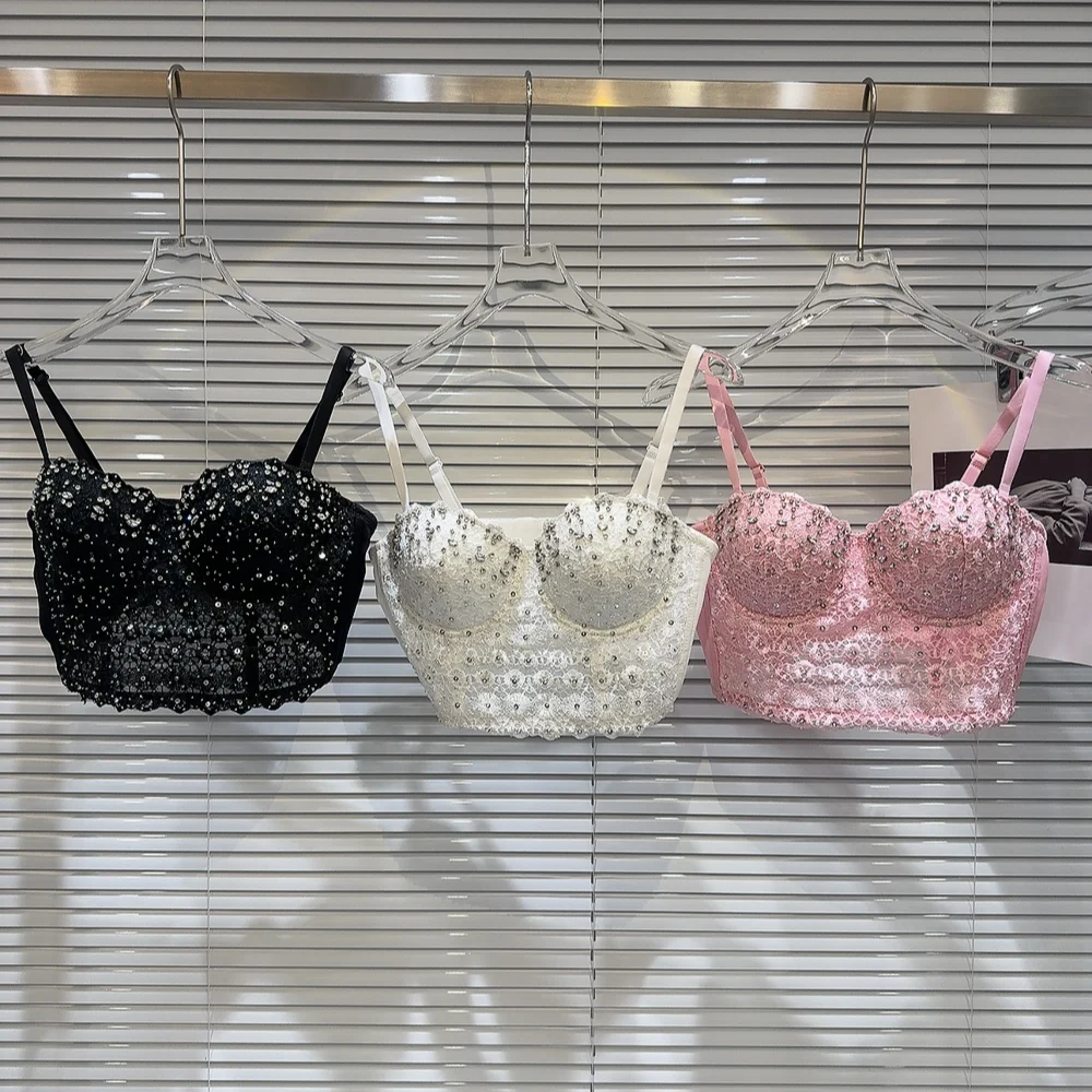 

Women's Sexy Diamonded Lace Slim Short Camisole Lady Streetwear Club Wear Sleeveless Short Camisole Top