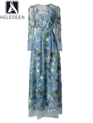 AELESEEN Runway Fashion Blue Dress Women Full Sleeve Luxury Mesh Flower Embroidery 3D Appliques Slim Elegant Long Party