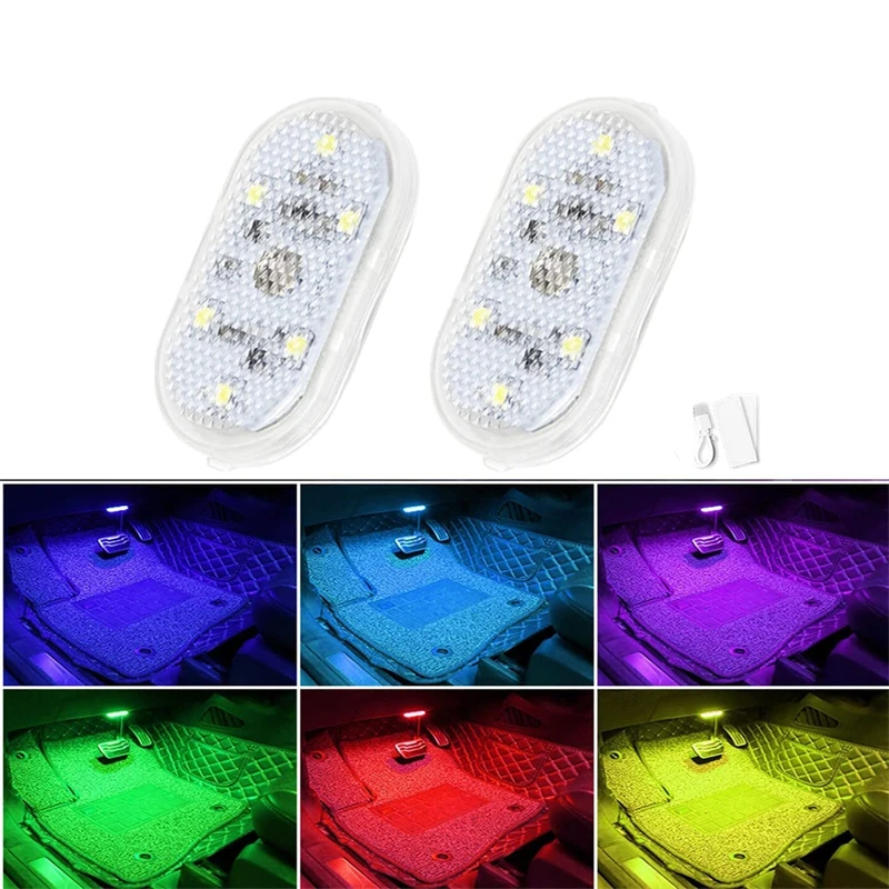 2Pcs Car Interior Reading RGB LED Touch Light 5V Colorful 4Lamps 1.5Inch USB ReChargable