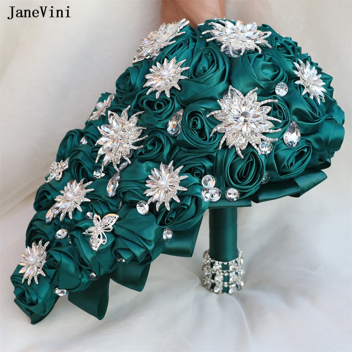 JaneVini Sparkly Diamond Waterfall Bridal Bouquets Artificial Dark Green Satin Roses Cascading Wedding Bouquet Flower for Bride