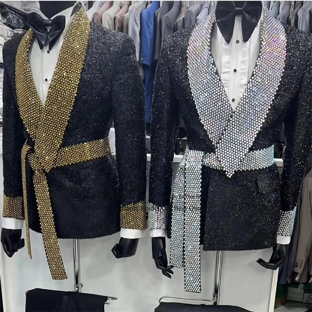 Glitter Beaded Crystals Men Suits 2 Pieces Sets Groom Wedding Tuxedos With Belt Male Prom Blazers Customized Costume Homme