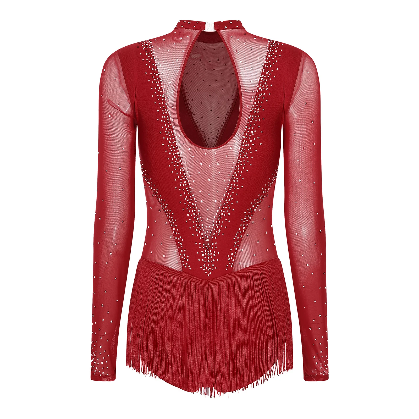 

Womens Figure Skating Costume Long Sleeve Rhinestones Tassel Latin Dance Leotard Ballet Gymnastics Stage Performance Dancewear