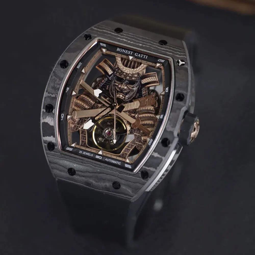 BONEST GATTI Корпус из углеродного волокна Мужские наручные часы с автоматическим механизмом Скелет Воин Механические часы с сапфировым стеклом для мужчин 2025