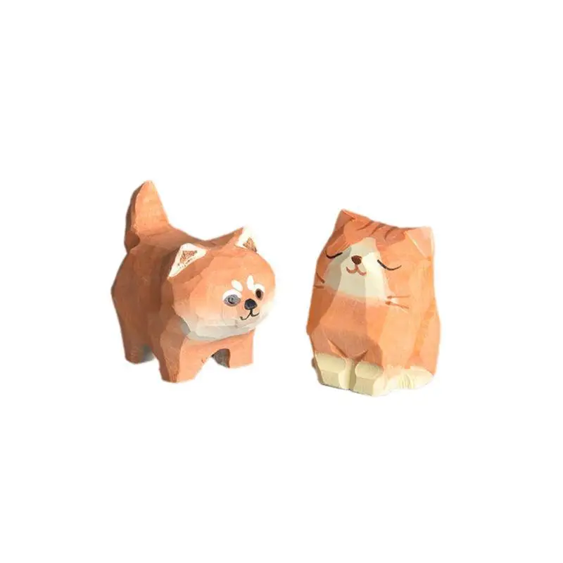 1Pcs Gift Carved Wooden Cartoon Animal Shiba Inu Cat Figurine Home Decoration Desk Art Craft