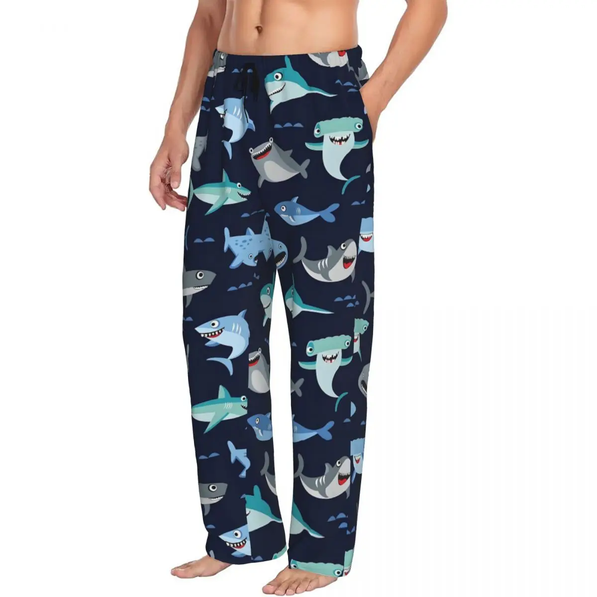 Custom Shark Pajama Pants Men Cute Animal Lounge Sleep Drawstring Sleepwear Bottoms with Pockets