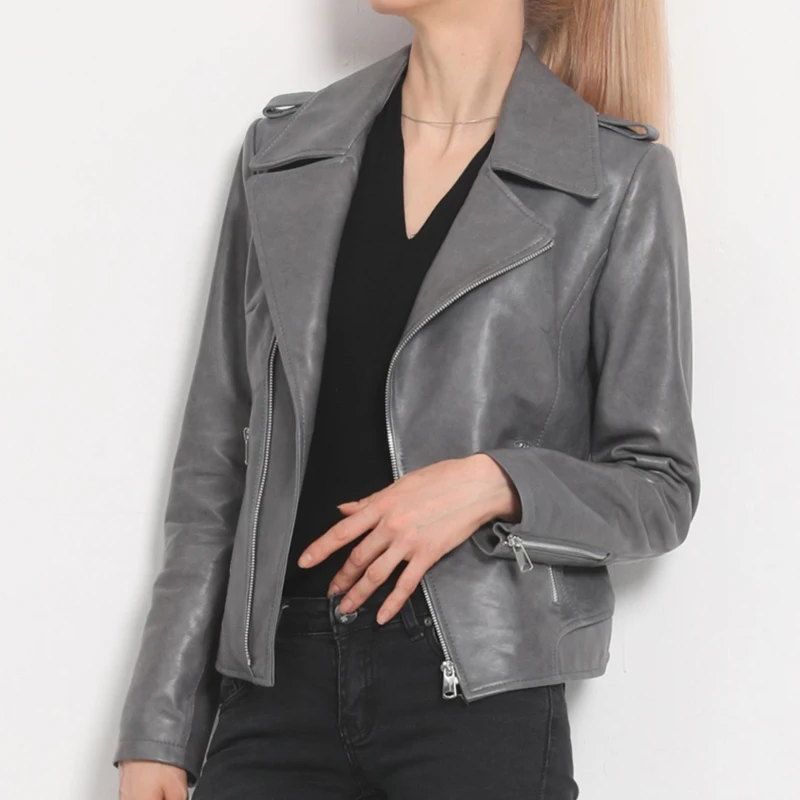 100% chaquetas cortas de cuero genuino para mujer, moda de otoño 2025, Moto y motociclista con cremallera, chaqueta informal de piel de oveja auténtica para mujer, abrigos