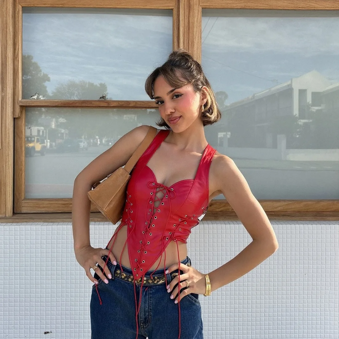 Sexy Lace-up Tank Top Women Y2K 2025 Fall Irregular Leather Patchwork Skinny Hottie Midnight Clubwear Wild Basic Street Vest