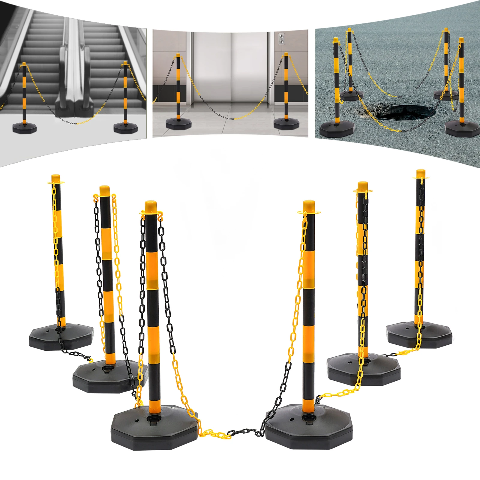 

6 PCS Yellow & Black Free Standing Safety Bollards with 5 Pieces 2 m Chains, Traffic Cones Height 85 cm, for Traffic Control