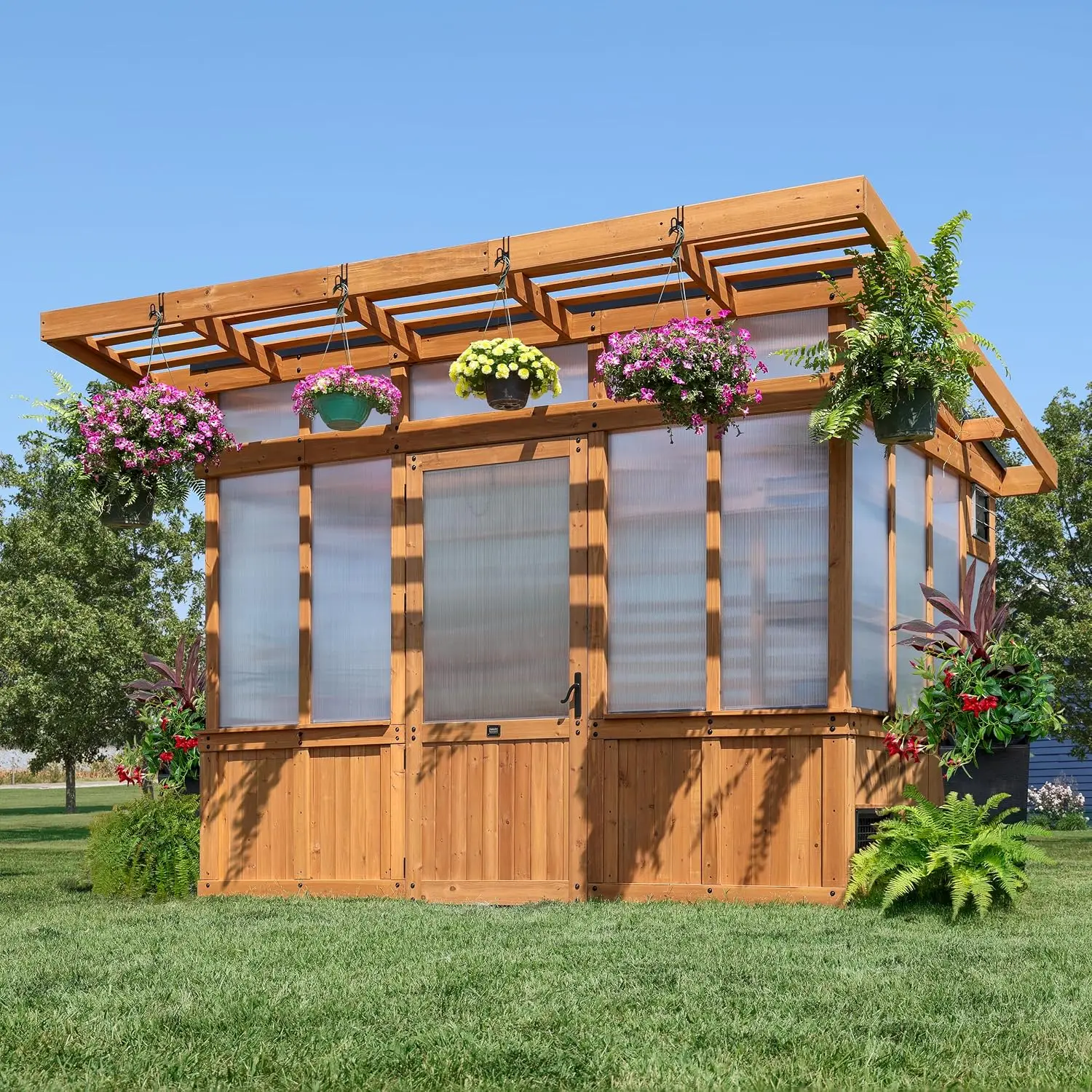 Poppy 11' x 7' Cedar Wood and Polycarbonate Walk-In Greenhouse Kit with Exhaust Fan, Windows, Hose Hook-Ups, PowerPort, Staging
