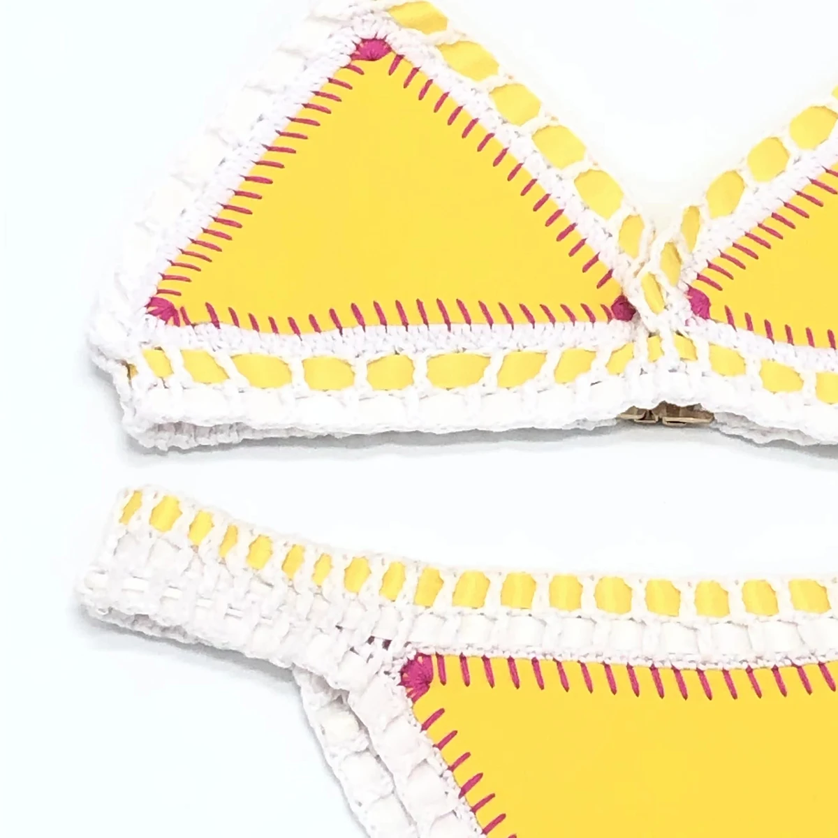 Women Sexy Swimsuit Blue Neoprene Crochet Elastic Bikini Sets Back Buckle Tankini Yellow Swimwear