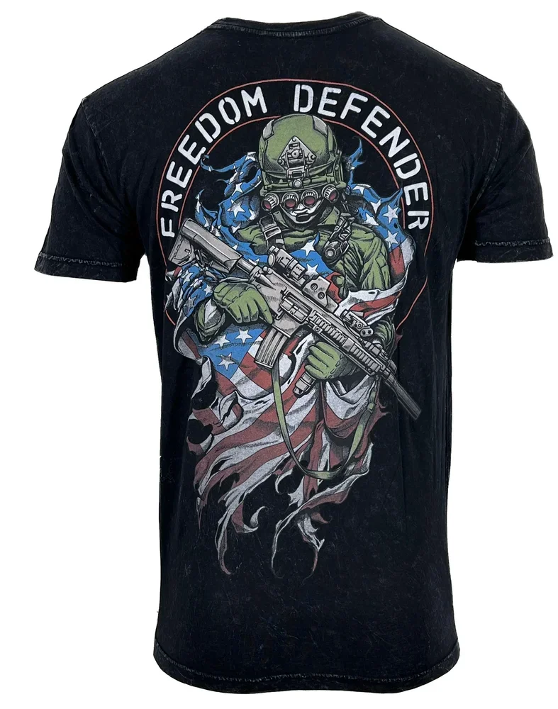 Freedom Defender USA Flag Soldier T-Shirt 100% Cotton O-Neck Summer Short Sleeve Casual Mens T-shirt Size S-3XL