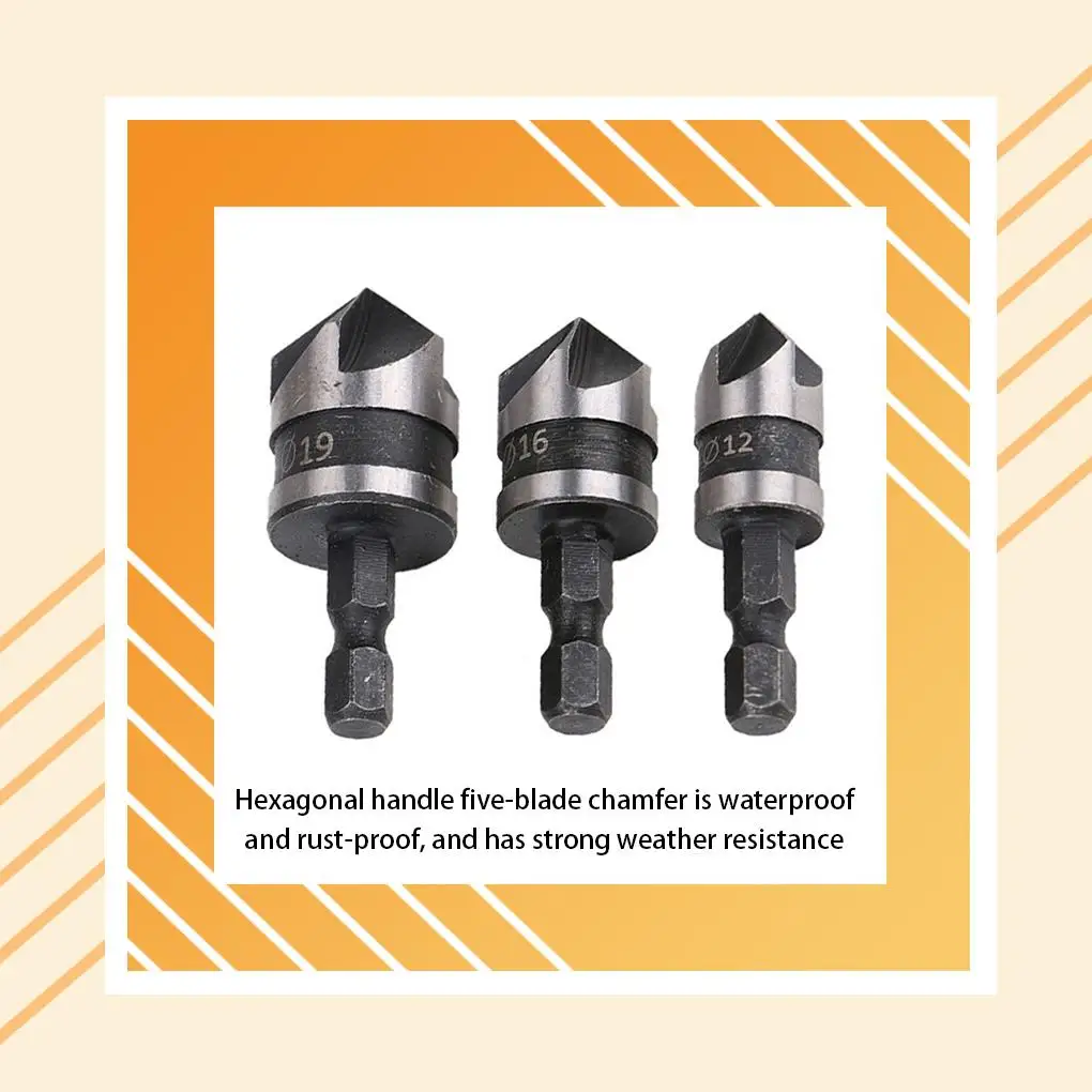 

3pcs Chamfer Drill Bit Set Rustproof 12/16/19mm Wear-resistant Countersink Drills Bits Hexagonal Handle Five-edge Chamfers