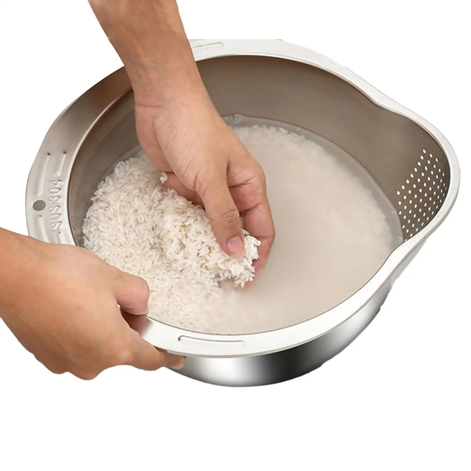 Rice Washing Bowl Stainless Steel Vegetable Strainer Inclined Bottom Rice Drainer Strainer Kitchen Strainer With Side Drainers