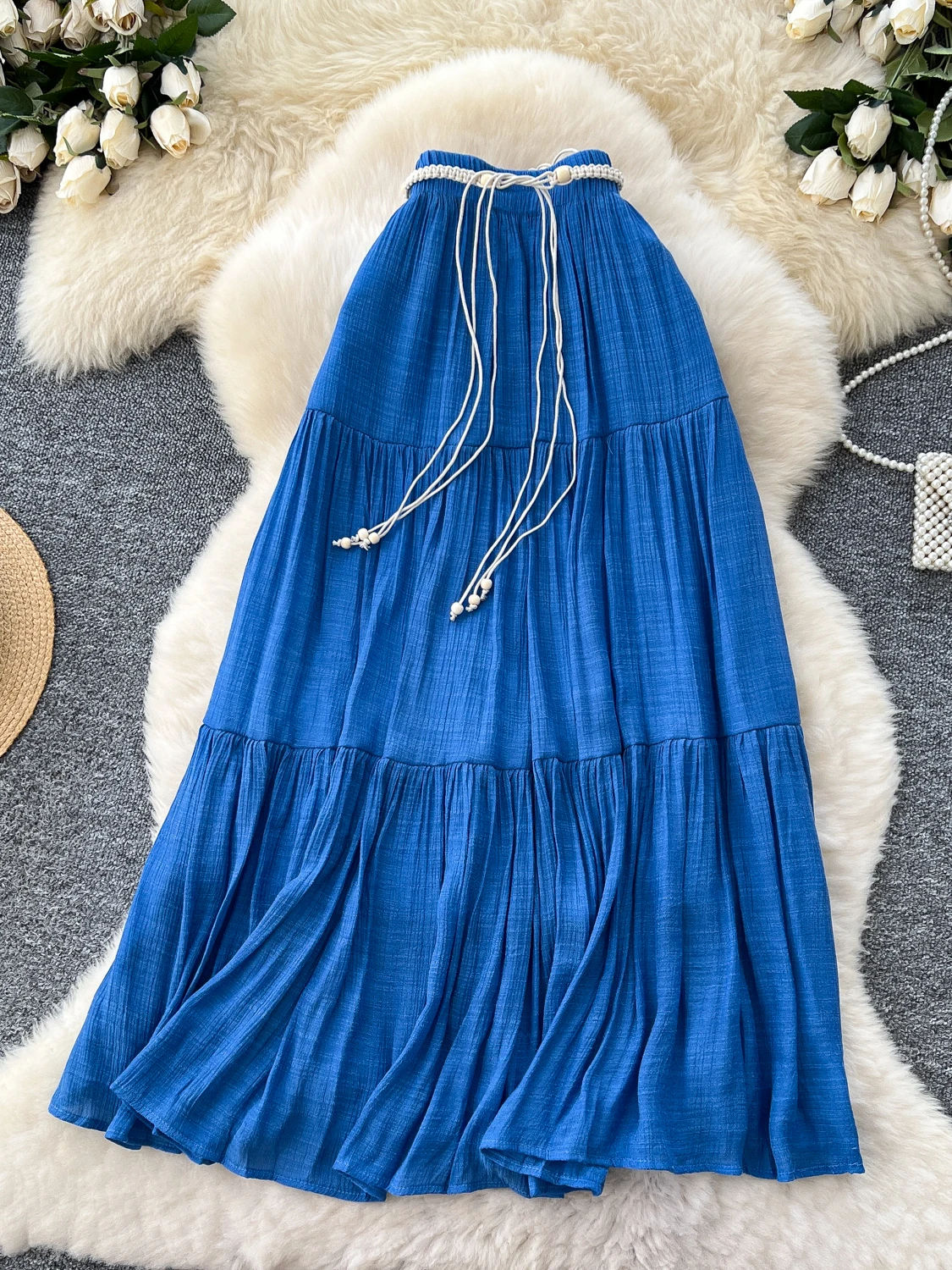 

Korean Sle High Waist Versatile f Skirt Women's Summer Gentle Breeze Belted Waist Slimming Wide Skirt A-Line Skirt