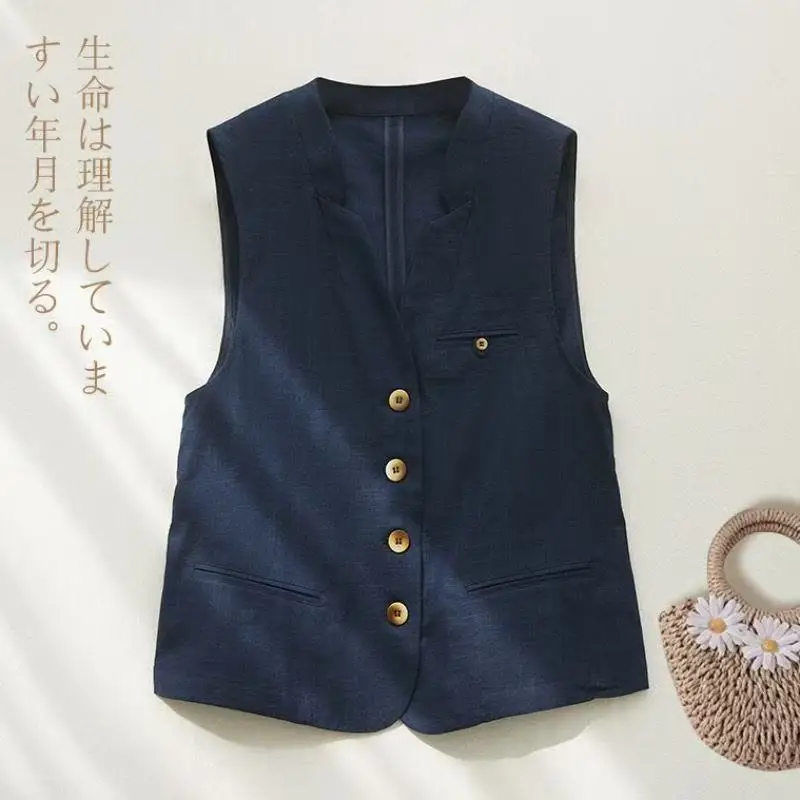 

Elegant Women Spring Summer V-neck Beige Navy Blue Cotton Linen Vest Vintage Button-Up Sleeveless Jacket Cardigan Waistcoat Tops