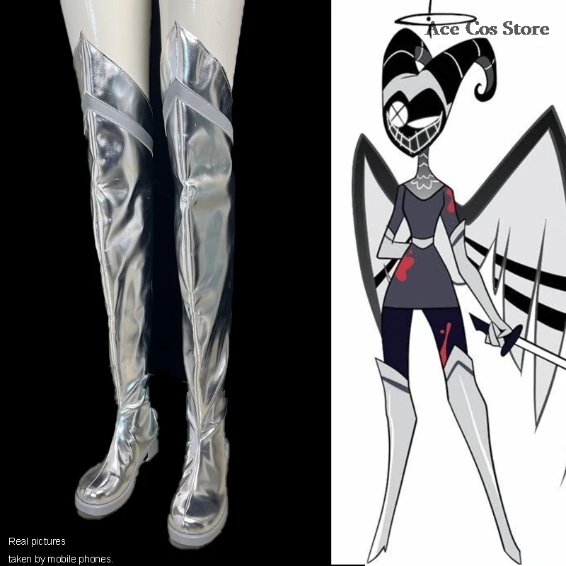 Hazbin Lute Parrucca Halo Angelo Costume Cosplay Scarpe Stivali da combattimento dell'hotel Halloween Carnaval Party Colore argento Anime Cosplay Prop