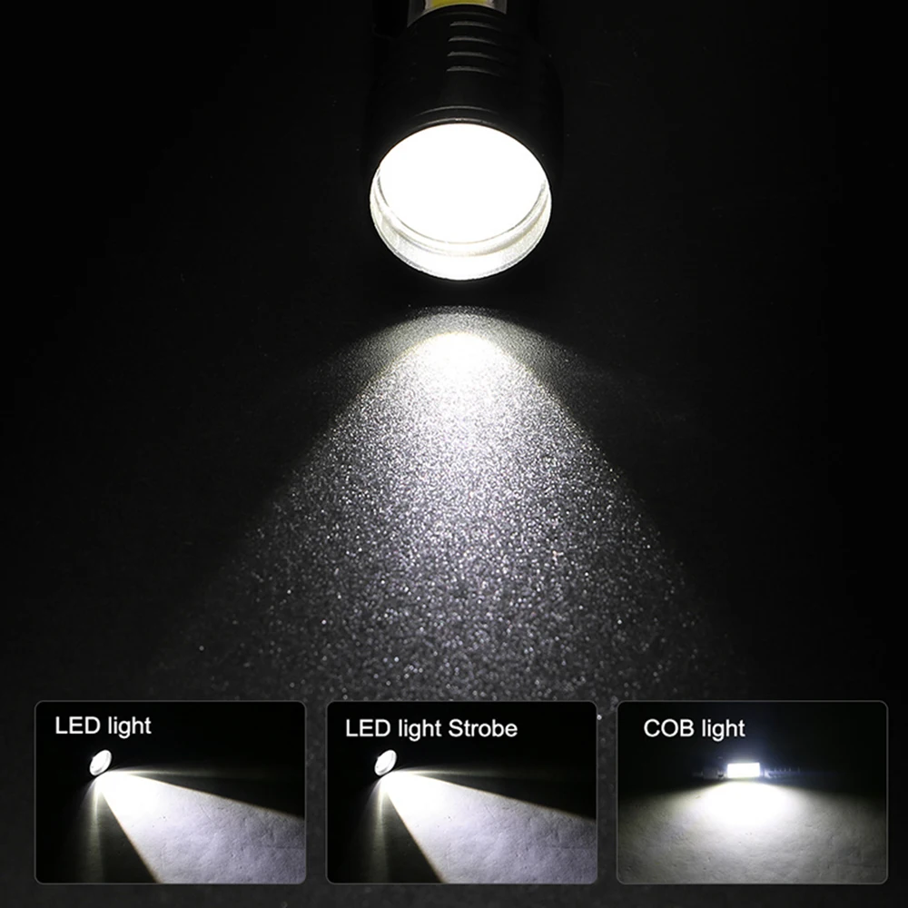 Lanterna LED recarregável USB com luz lateral COB, Mini luz de flash ajustável, 3 modos, impermeável, acampamento ao ar livre