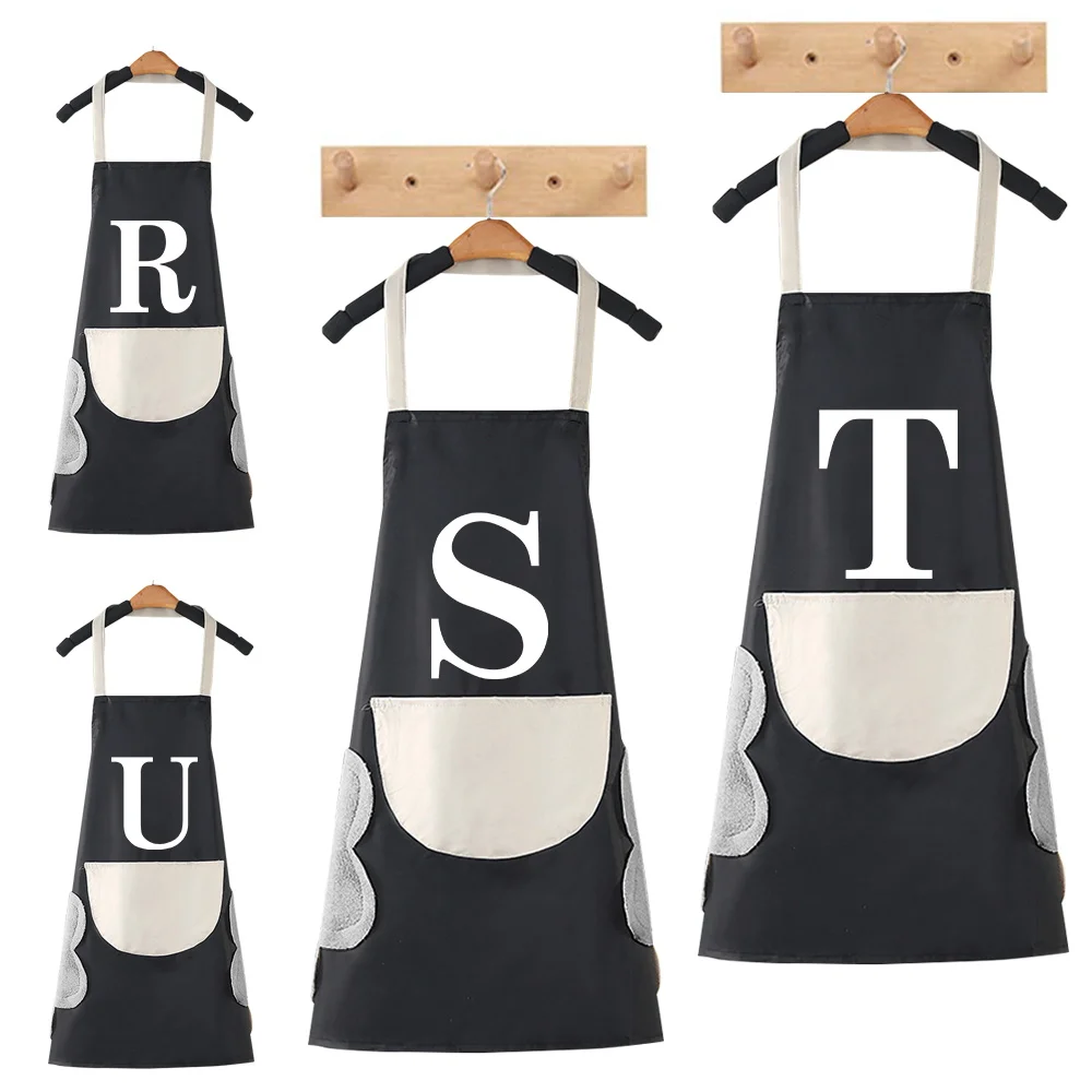 

Waterproof Kitchen Apron Household Oil Resistant Work Apron White Letter Pattern Black Dirt-Proof Cleaning Aprons with Pockets