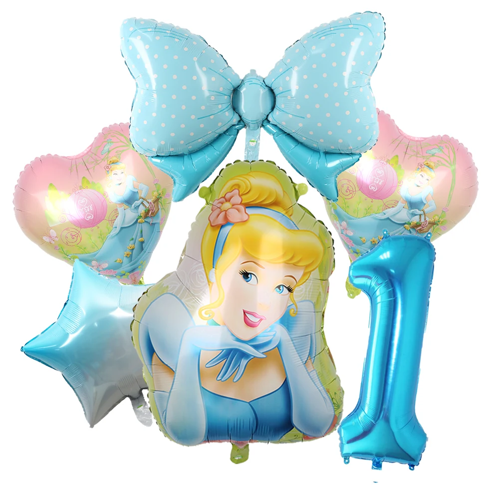 6pc Princess Cinderella and the Mermaid Themed Cartoon Balloons Pink Blue Bow Heart Balloon Kids Birthday Gifts Baby Toys