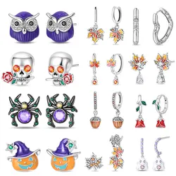 2024 Autumn Series New Arrival 100% 925 Silver Halloween Pumpkin Skull Dark Bat Women Earrings DIY Jewelry Making For Women Gift