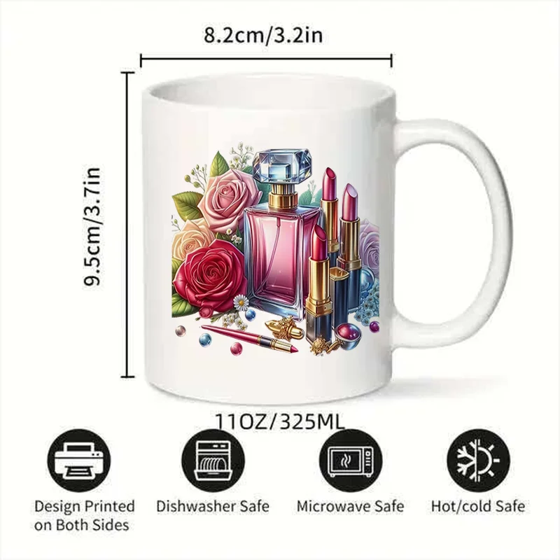 Perfume Lipstick Rose Floral Colorful Print Ceramic Coffee Mug 11oz 350ml Personalized Custom Cute Aesthetic Mug Microwave Safe